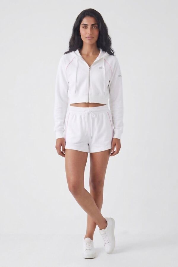 White Contrast Piping Printed Zip Up Hoodie With Short Set