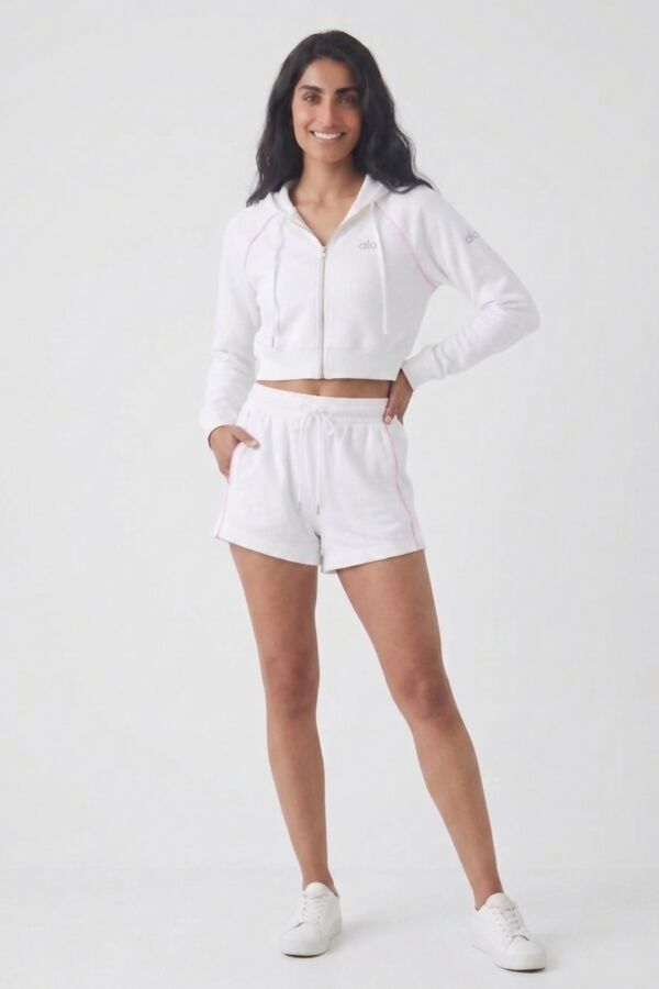 White Contrast Piping Printed Zip Up Hoodie With Short Set
