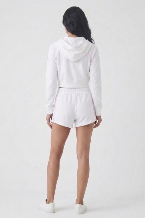 White Contrast Piping Printed Zip Up Hoodie With Short Set