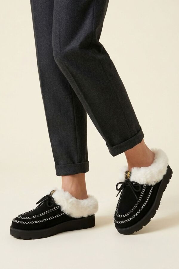 Wine Faux Fur Trim Stitch Detail Moccasin Slippers