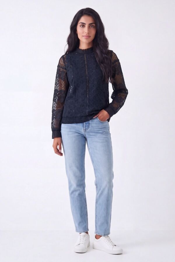 Black Lace Panel Long Sleeve Top with Back Zip