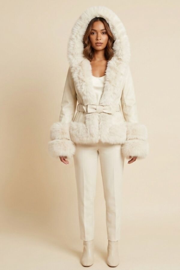 Ivory Faux Fur Trim Hooded Belted Winter Coat