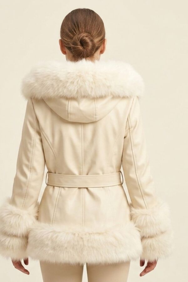 Ivory Faux Fur Trim Hooded Belted Winter Coat