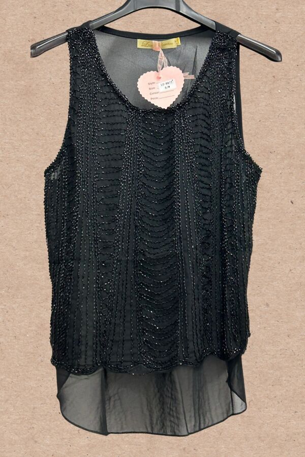 Black Sequined Dip Hem Top