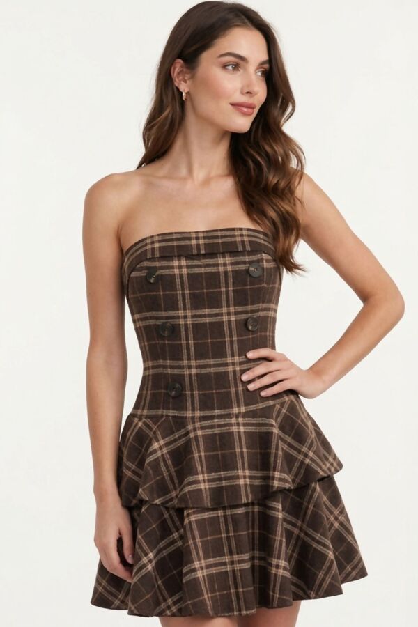 Strapless Plaid Double Button Tiered Mini Dress