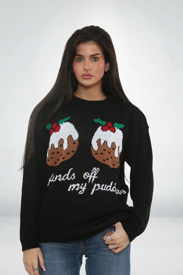 Black Funny Festive Hands Off My Puds Christmas Jumper