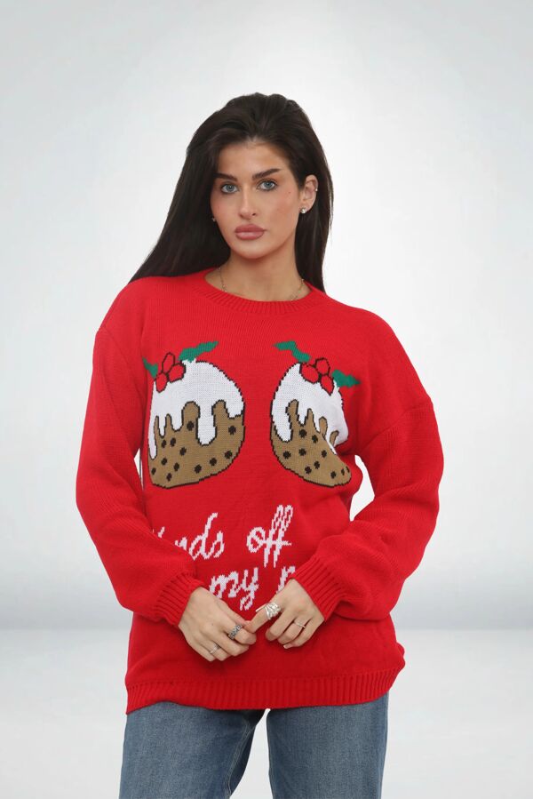 Red Funny Festive Hands Off My Puds Christmas Jumper