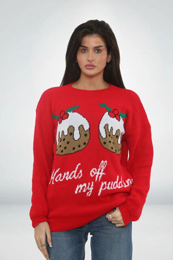 Red Funny Festive Hands Off My Puds Christmas Jumper