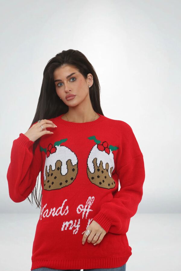 Red Funny Festive Hands Off My Puds Christmas Jumper
