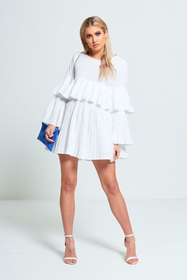 White Pleated Ruffle Mini Dress