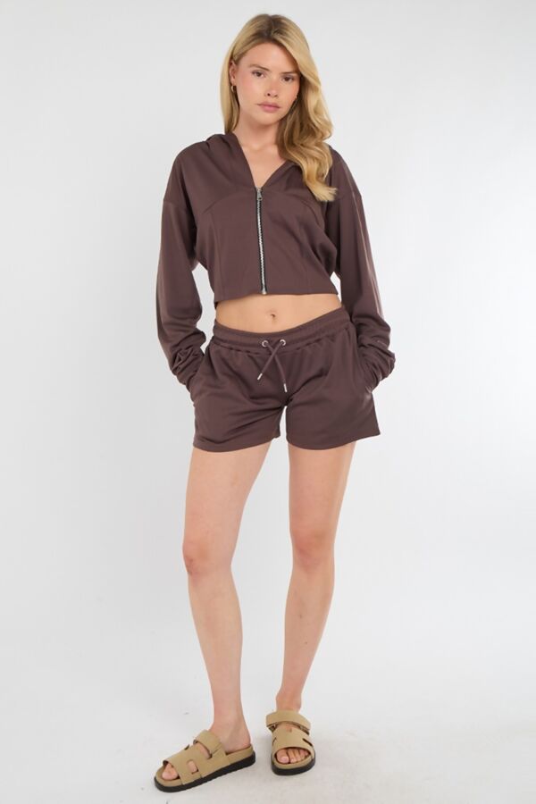 Brown Corset Fit Hooded Short Set
