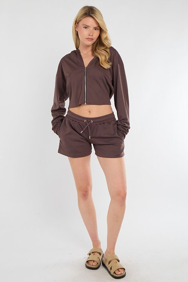 Brown Corset Fit Hooded Short Set