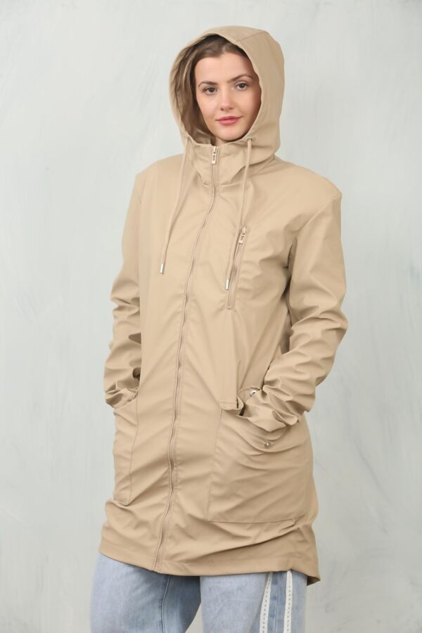 Beige Waterproof Hooded Raincoat Jacket
