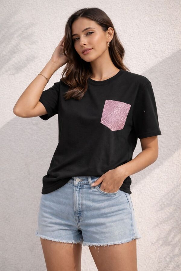Short Sleeve Crew Neck pink glitter Pocket Design Top