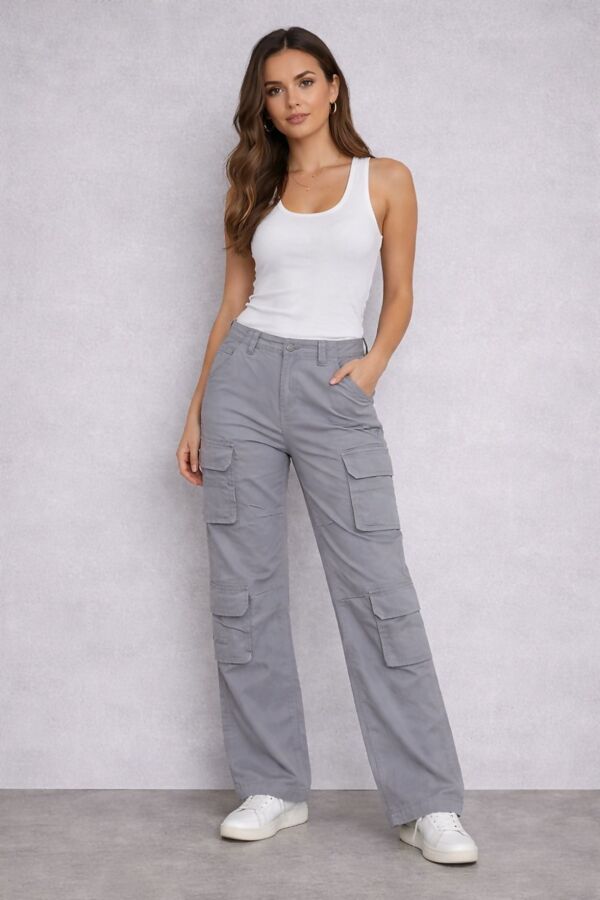 Steel Grey Adjustable Hem Cargo Pocket Wide Leg Trouser