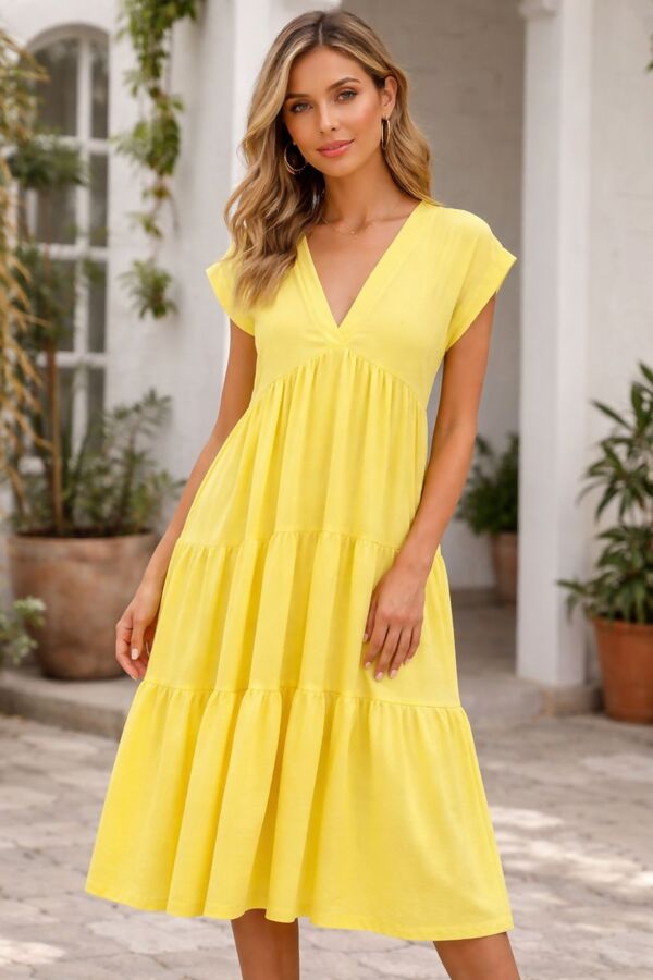 Short Sleeve Relaxed Fit V-Neck Tiered Maxi Dress