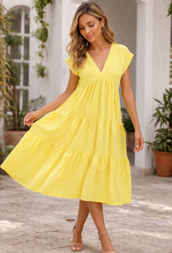 Short Sleeve Relaxed Fit V-Neck Tiered Maxi Dress