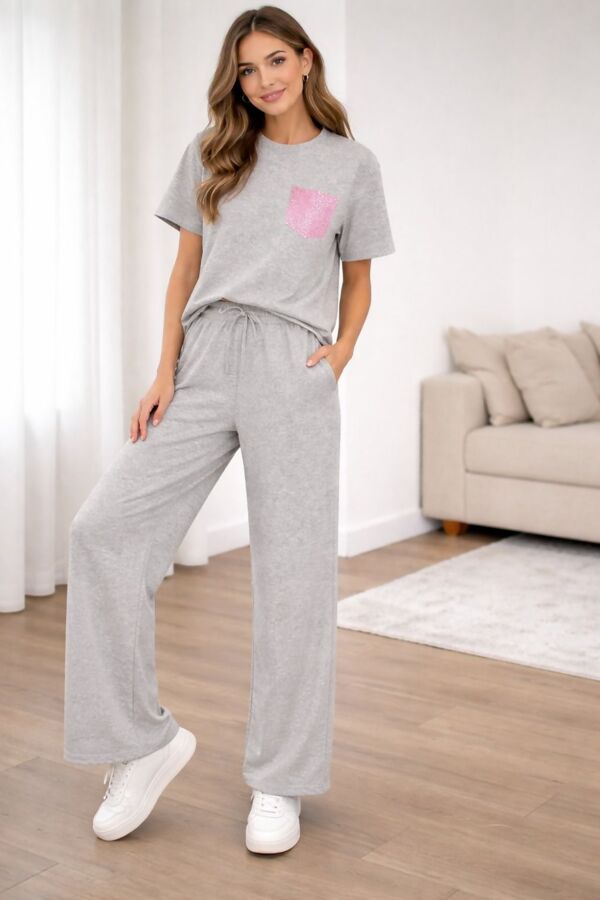 Short Sleeve Pink Glitter Pocket Design T-Shirt With Trouser