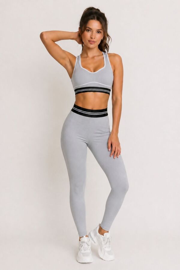 Grey Striped Band Gym Crop Top And Legging Set