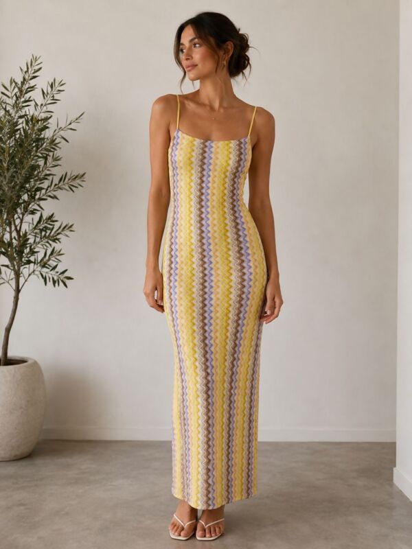 Sleeveless Spaghetti Strap Zig Zag Print Maxi Dress