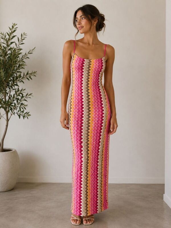Sleeveless Spaghetti Strap Zig Zag Print Maxi Dress
