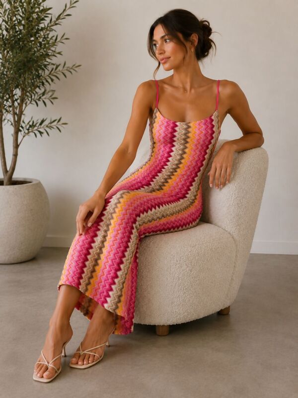 Sleeveless Spaghetti Strap Zig Zag Print Maxi Dress