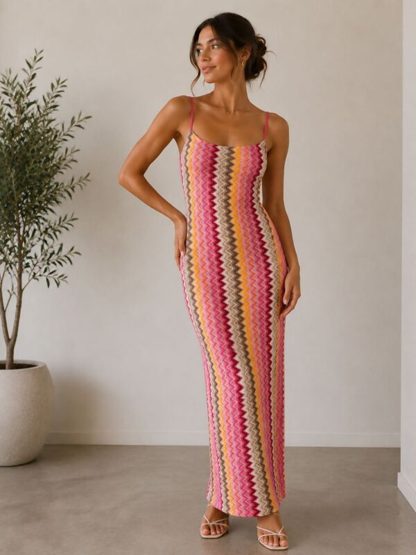 Sleeveless Spaghetti Strap Zig Zag Print Maxi Dress