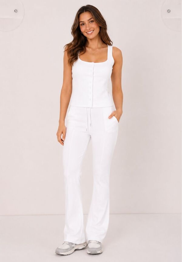 White Interlock Molly Button Tank Top With Flare Trouser