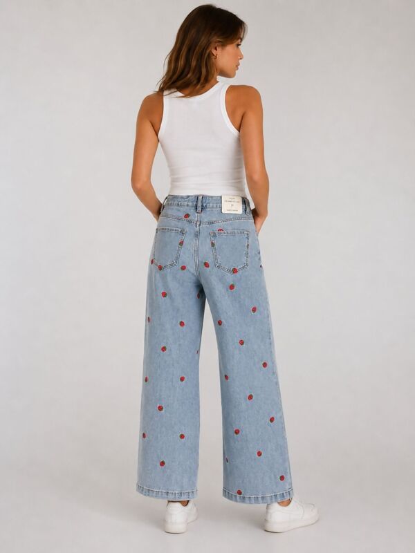 Blue Light Wash Strawberry Embroidered Wide Leg Jean