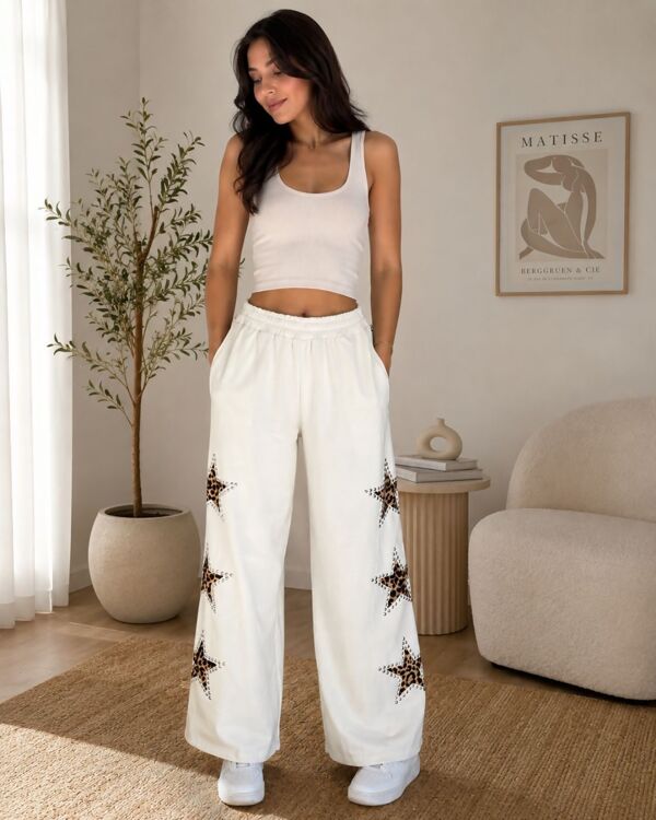 Cream Studded Leopard Star Patch Elastic Waist Palazzo Trouser