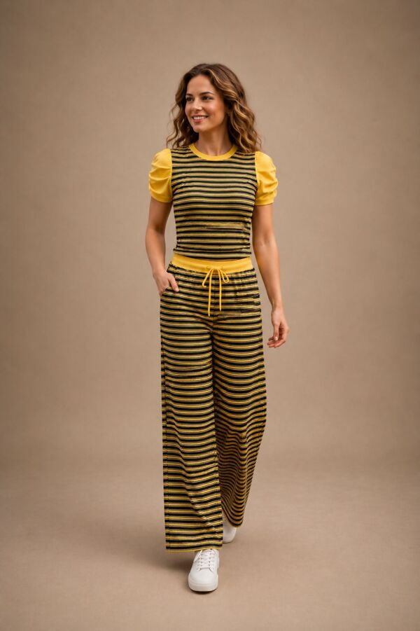Ruched Short Sleeve Contrast Striped Top With Wide Leg Trouser