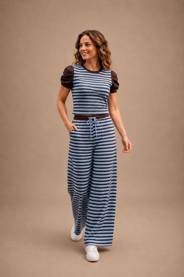 Ruched Short Sleeve Contrast Striped Top With Wide Leg Trouser