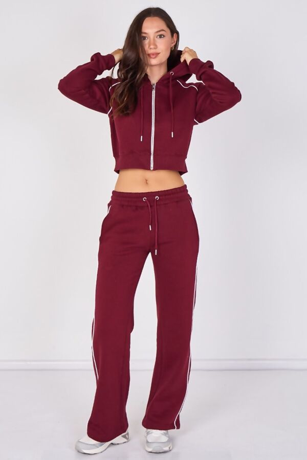 Chocolate Hooded Cropped Zip-Up & Side-Stripe Jogger Tracksuit Set