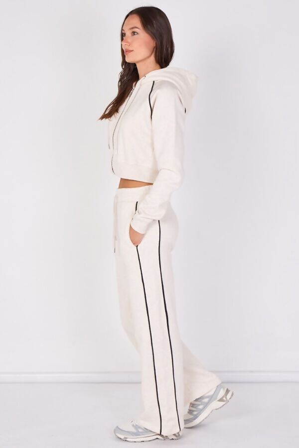 Cream Hooded Cropped Zip-Up & Side-Stripe Jogger Tracksuit Set