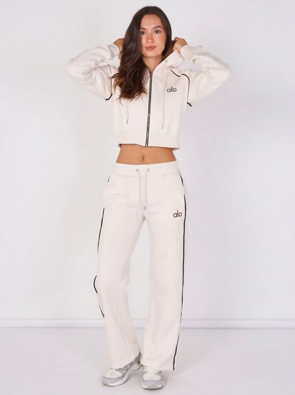 Cream Printed Hooded Cropped Zip-Up & Side-Stripe Jogger Tracksuit Set