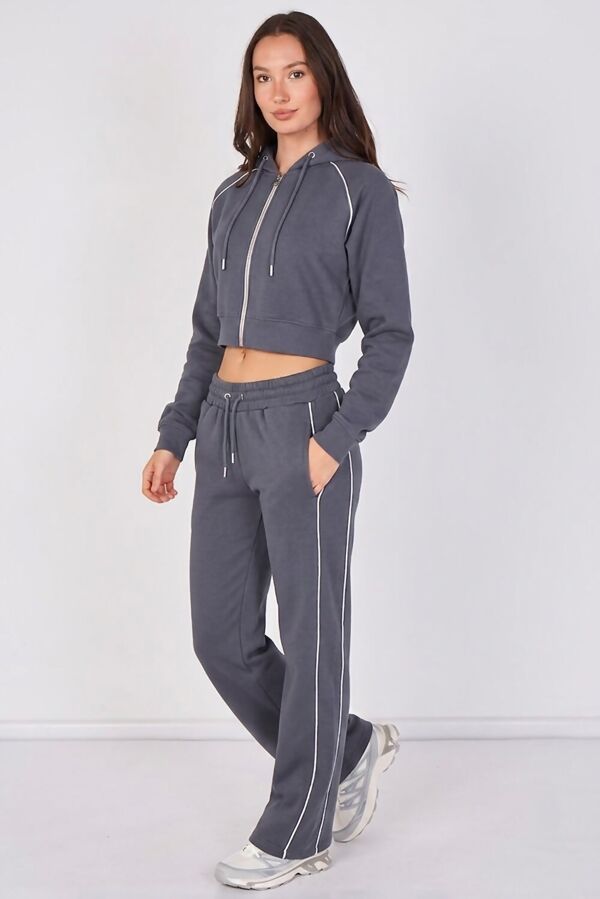 Grey Hooded Cropped Zip-Up & Side-Stripe Jogger Tracksuit Set
