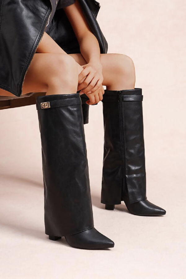 White Pointed Toe Gold Buckle Detail Knee High Boots