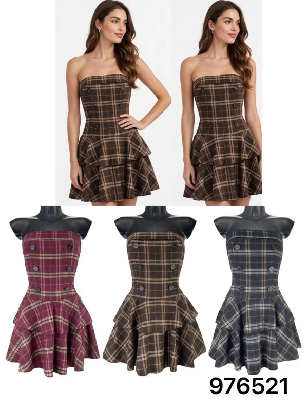 Strapless Plaid Double Button Tiered Mini Dress