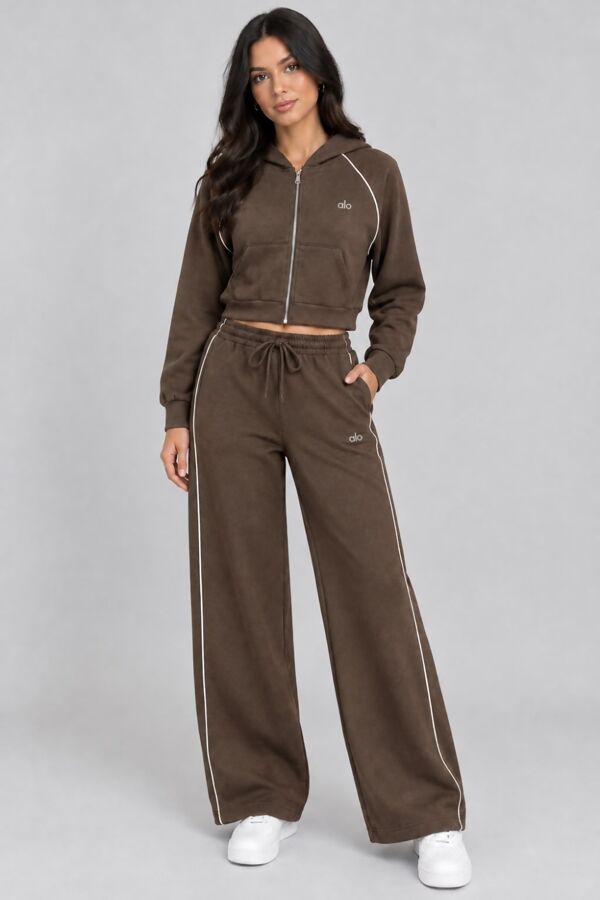 Hooded Elastic Cropped Printed Zip-Up & Side-Stripe Jogger Set