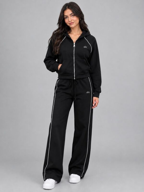 Hooded Elastic Cropped Printed Zip-Up & Side-Stripe Jogger Set