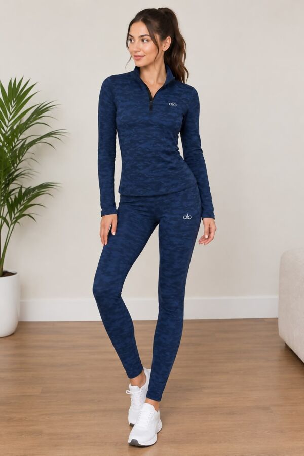 Navy Long Sleeve Slim Fit Camo Top & Legging Gym set