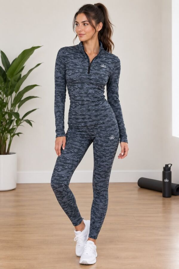 Dark Grey Long Sleeve Slim Fit Camo Top & Legging Gym set