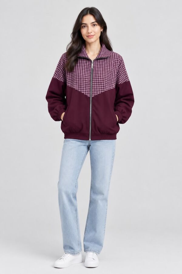 Long Sleeve Colour Block Zip-Up Checkered Jacket
