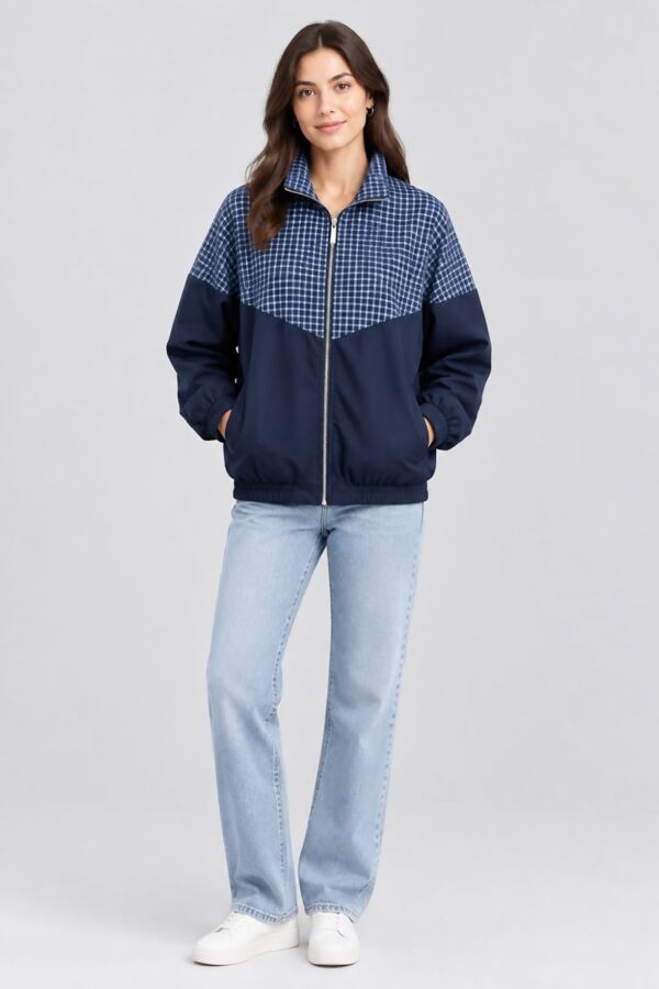 Long Sleeve Colour Block Zip-Up Checkered Jacket