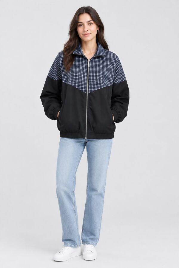 Long Sleeve Colour Block Zip-Up Checkered Jacket