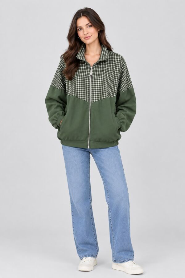 Long Sleeve Colour Block Zip-Up Checkered Jacket