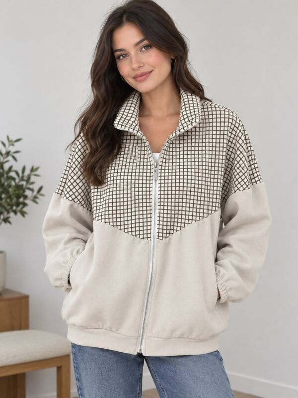Long Sleeve Colour Block Zip-Up Checkered Jacket
