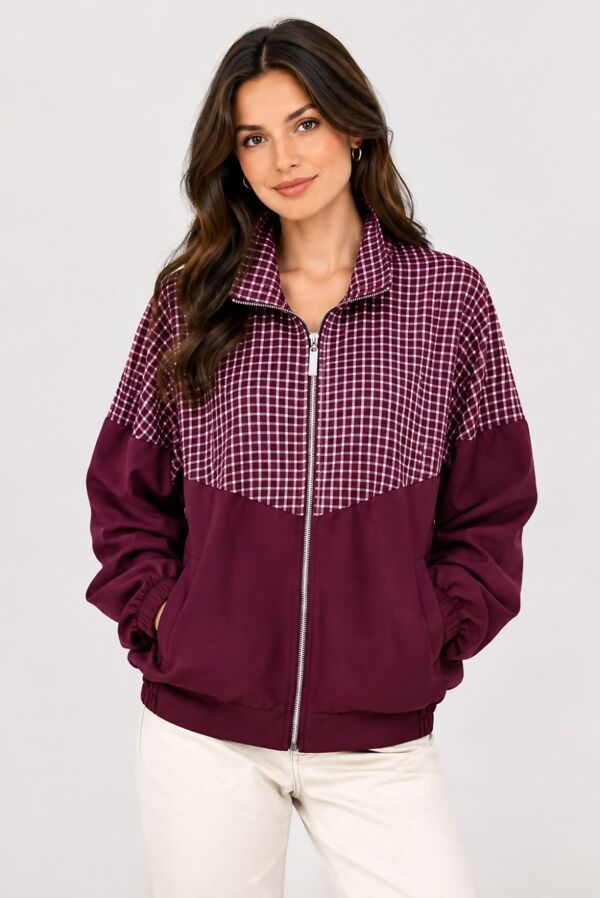 Long Sleeve Colour Block Zip-Up Checkered Jacket