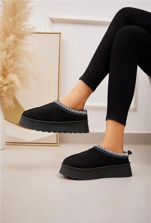 Black Embroidered Fluffy Platform Detail Faux Fur Lined Boots