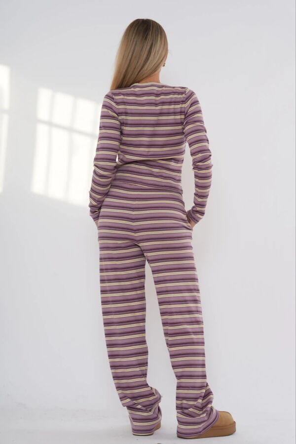 Wine Contrast Stripped Ribbed Molly Button Top And Wide Leg Trousers